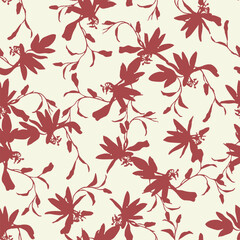 Vector seamless pattern with silhouettes of exotic flower branches. Fashionable wallpaper with exotic red flowers isolated on a cream background. Perfect for textiles, ceramics, decor, etc.