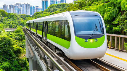 Naklejka premium Modern Monorail Train Traveling Through a Lush Green Landscape with Urban Skyline in the Background
