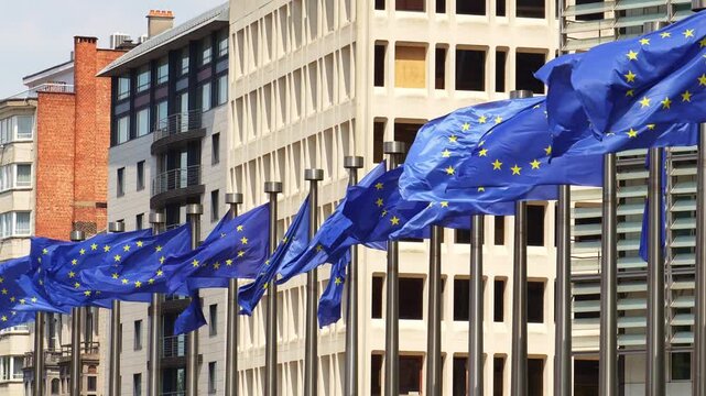 Row of European Union Blue Flags against Buildings in City of Brussels, Belgium. Slow Motion