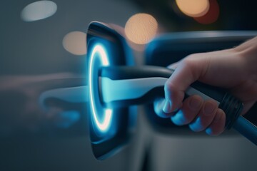 Hand plugging glowing charging cable port
