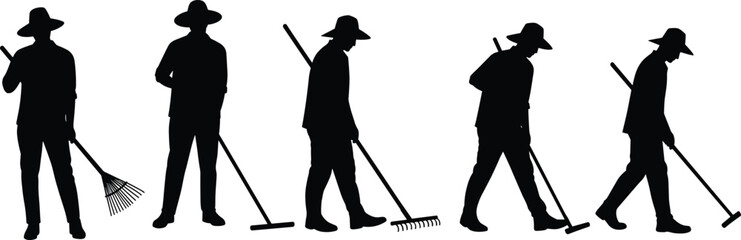 Silhouette of farmers working with rakes in field, agriculture workers, farming tools, rural labor, outdoor job, farm maintenance, seasonal agricultural illustration
