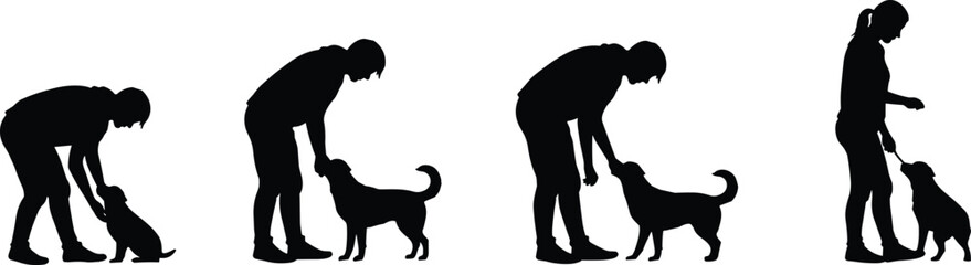 Silhouette of man and woman training dogs, sitting and standing positions, pet obedience, dog commands, animal behavior, black and white vector illustration, training session.