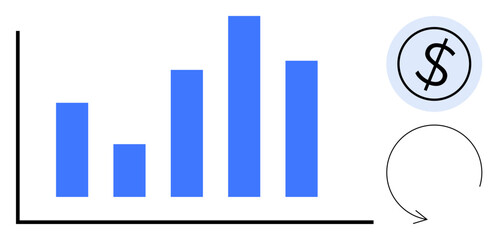 Bar chart with ascending columns, dollar sign in a circular icon, and arrow indicating refreshment. Ideal for finance, analytics, strategy, investment, growth updates progress. Simple flat metaphor