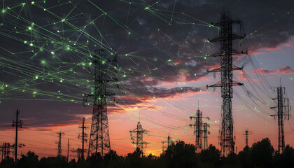 Power lines illuminate twilight sky above transmission station with glowing green digital network connections. Electrical towers, wiring, and poles form a grid infrastructure against a dusky sunset