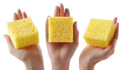 Three hands hold square yellow sponges