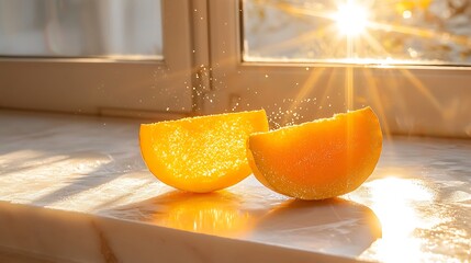 Two orange slices dusted sugar bright sunlight by a window fruit citrus