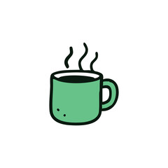 A simple, hand-drawn illustration of a steaming green mug of coffee