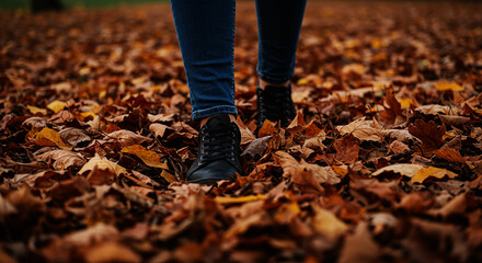 Close-up of boots walking on a path covered in colorful autumn leaves