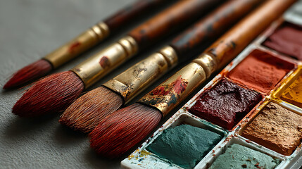 Four paintbrushes and a watercolor paint set.
