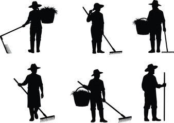 Obraz premium Silhouette farmers with tools and baskets, agricultural workers harvesting crops, rural farming labor, traditional agriculture, countryside field work, harvest season