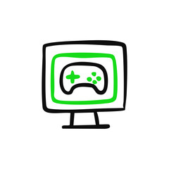 Hand-drawn icon of a computer screen with a video game controller
