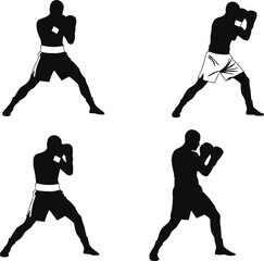 Boxing silhouette fighters in various stances, martial arts training poses, combat sports action, athlete workout, competitive fight preparation, fitness exercise illustration