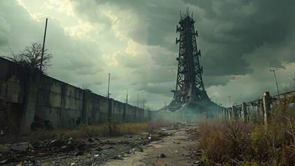 post apocalyptic scene desolate landscape ruined communication tower twisted metal eerie atmosphere survival struggle wasteland deserted ruins abandoned structures dystopian view dark skies grunge aes