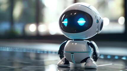 Positive cute robot character with glowing blue eyes copy space