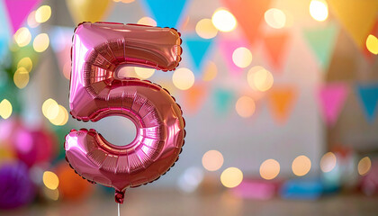 Shiny pink balloon, shaped as number five, with colorful party decorations, and glowing festive background.