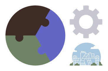 Earth puzzle design, gear, and modern mall building emphasize global unity, industrial progress, and urbanization. Ideal for teamwork, innovation, environment, progress sustainability economy