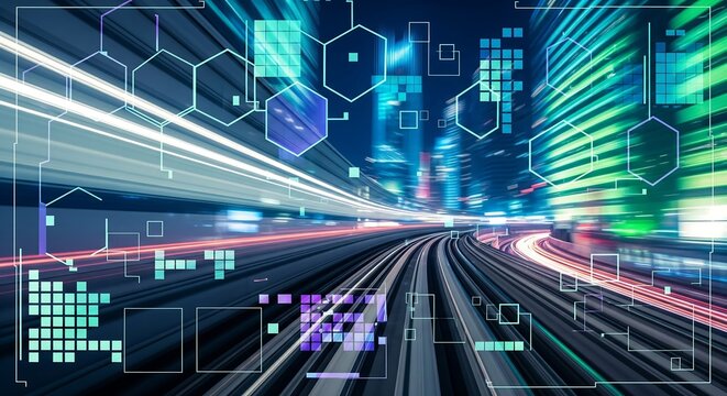 High-speed train streaks through a vibrant, futuristic cityscape at night, illuminated by dynamic light trails and overlaid with digital data patterns.