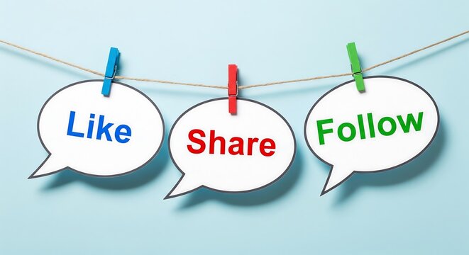 Three speech bubbles, each with a social media action, hanging on a clothesline against a light blue background.