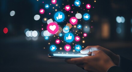 Hands holding a smartphone, illuminated by floating social media icons.
