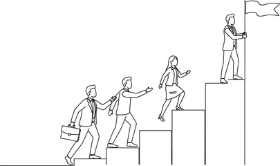 Teamwork and leadership concept line art, business people climbing stairs to success, corporate achievement illustration, goal, mission, unity, motivation, progress, career, leadership journey