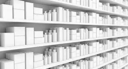 A perspective view of a pharmacy shelf stocked with various white medication boxes and bottles.