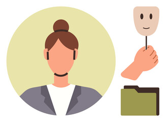 Professional woman wearing headset represents communication. Mask in hand symbolizes dual identity, while folder suggests confidentiality. Ideal for identity, communication, privacy, professionalism