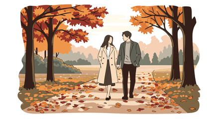 Couple Walking in Autumn Park.