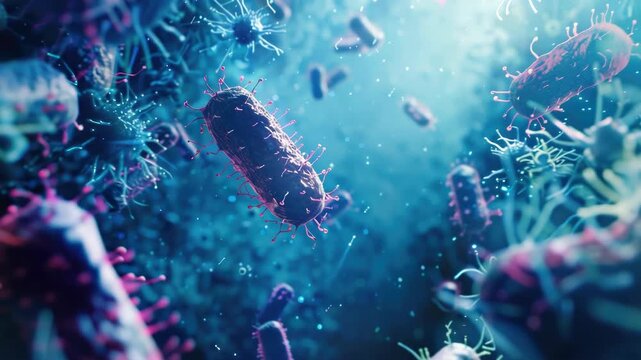 Vibrant bacteria, viruses and microbes under a microscope. Colorful cell structures in depth of field blur.