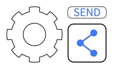 Obraz premium Gear, share icon, and send button in minimal design. Ideal for workflow, settings, connectivity, technology, communication, optimization simple landing page