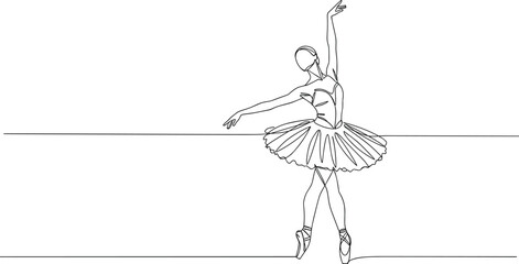 Graceful ballerina dancing in pointe shoes, elegant tutu line art, ballet pose illustration, classical dance sketch, minimal style, performance, femininity, beauty, motion, art © Obaidul Vector Zoon