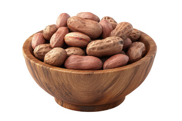 A wooden bowl brimming with peanuts