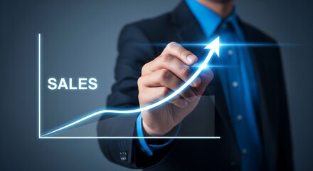 A businessman draws an upward trending sales graph with a glowing arrow, symbolizing growth and success.