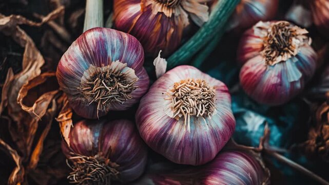 Close-up view of fresh garlic bulbs, with red and purple colors, often used for cooking and seasoning purposes.