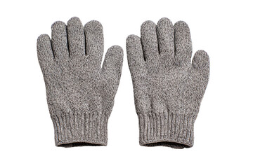 Light gray knitted gloves, a pair laid flat, showing the knit texture