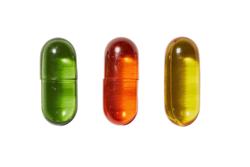 Three translucent capsules, green, orange-red, and yellow, arranged horizontally on a black background.  Each capsule shows a visible interior