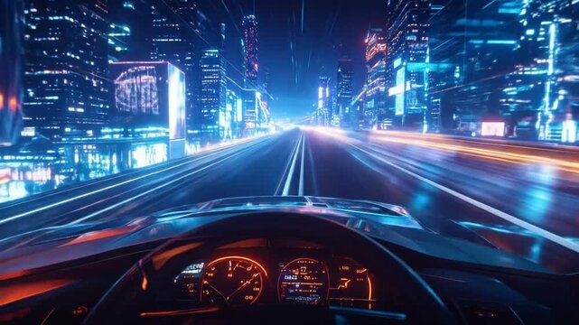 Futuristic City Drive: Fast Car POV Through Neon-Lit Urban Landscape at Night - Powered by Adobe