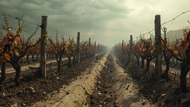 post apocalyptic scene desolate vineyard twisted vines withered grapes eerie landscape haunting environment abandoned land dystopian backdrop survival theme future ruinous beauty