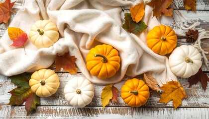 Autumnal pumpkins and leaves on a rustic wooden surface draped with a cream colored blanket