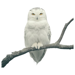 Snowy Owl Perched on Branch: A majestic snowy owl, its pristine white plumage punctuated by subtle markings, rests serenely upon a weathered branch, its piercing gaze fixed forward.