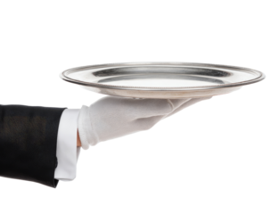 A hand in a white glove holds a silver platter
