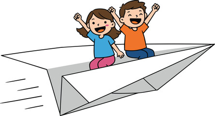 Happy kids flying paper airplane, cartoon children having fun, playful boy and girl adventure, imagination journey, creative childhood concept, white background, vector illustration