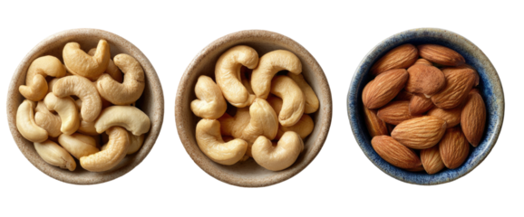 Three small bowls of nuts.  Cashews and almonds in separate bowls.  Top down view
