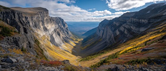 Majestic mountain valley with rugged cliffs and vibrant autumn foliage under an expansive, cloudy sky, showcasing nature's grandeur