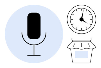 Black microphone in blue circle, timer, and jar to illustrate productivity, recording, scheduling, storage, analytics legacy creativity. Ideal for podcasting work minimal aesthetics. Simple flat