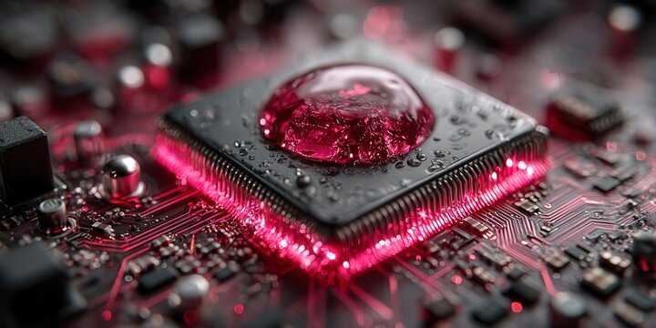 Intricate close-up of a glowing red computer processor, highlighting digital technology.