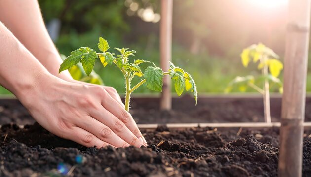 Hands planting tomato seedlings in a garden bed - Powered by Adobe