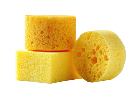 Three yellow sponges, one square, two cylindrical, stacked
