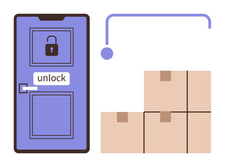 Locked door with unlock sign beside stacked boxes under a delivery arrow. Ideal for logistics, security, e-commerce, storage management, shipping, warehouse access, simple flat metaphor