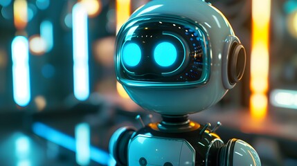 Fototapeta premium Futuristic positive cute robot with glowing blue eyes in sci-fi technology. Copy space