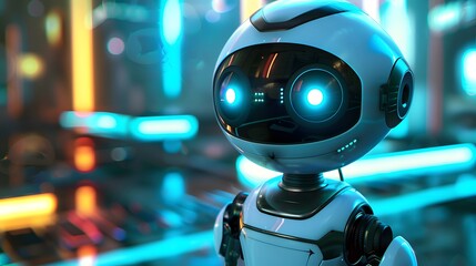 Futuristic positive cute robot with glowing blue eyes in sci-fi technology. Copy space